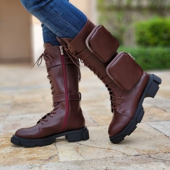 Women's Wine Lace up High Combat Boots Lug Sole - Picture 2 of 5